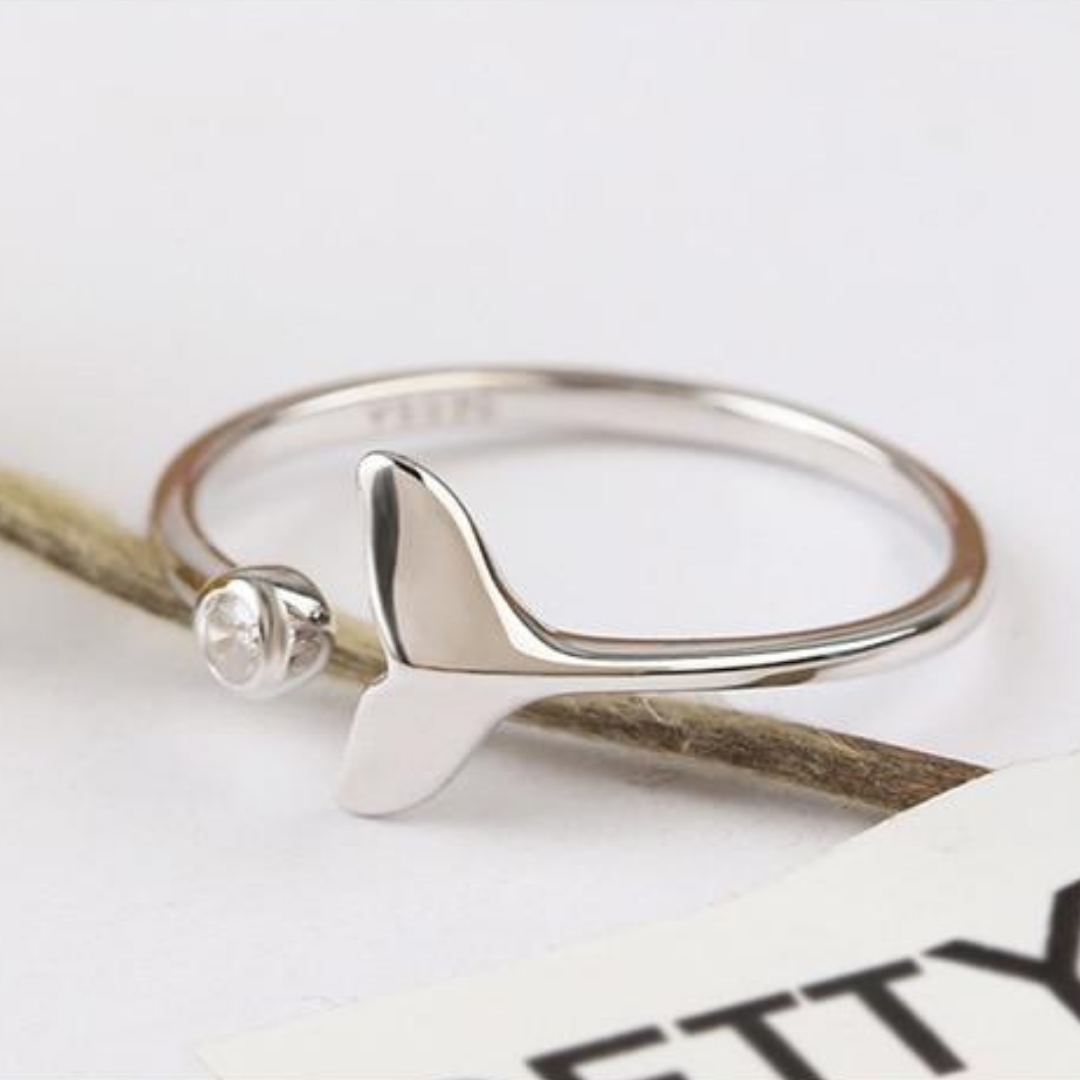 Adjustable Silver Ring with Zircons and Dolphin Tail