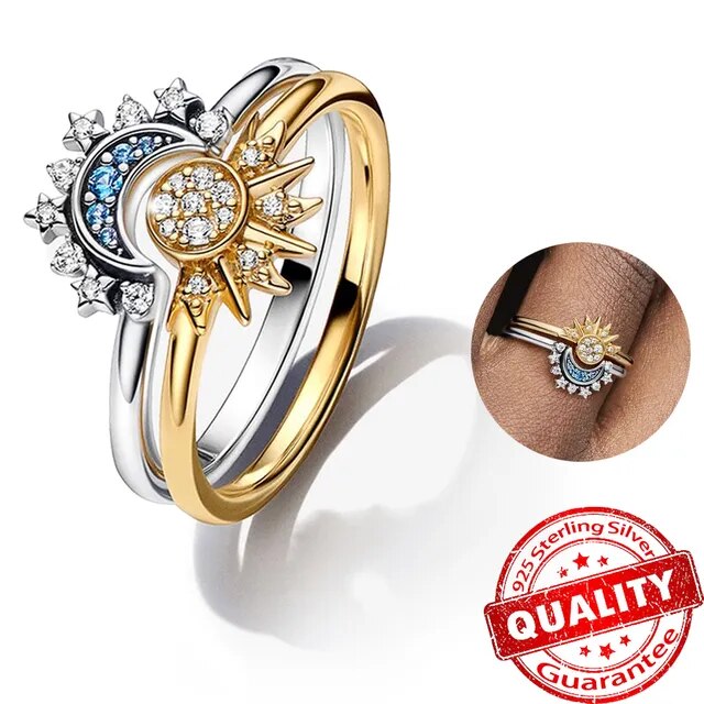 Sparkling Moon-Sun Silver Crystal Ring