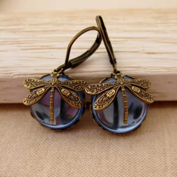 Elegant Vintage Crystal Dragonfly Earrings in Antique Gold β Amelya, timelessly beautiful and unique