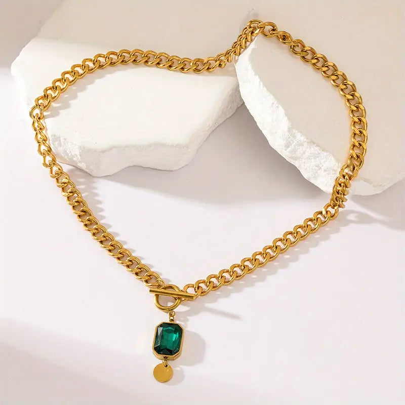 Chunky Chain Emerald Gold Pendant Necklace-Westeryn