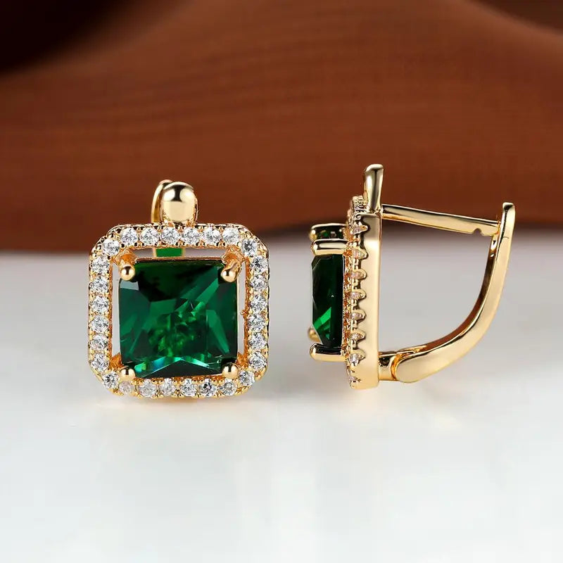 Golden Green Square Zirconia Gold Earrings-Westeryn