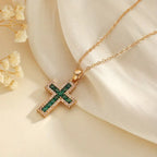 Solene Emerald Cross Pendant Gold Necklace-Westeryn