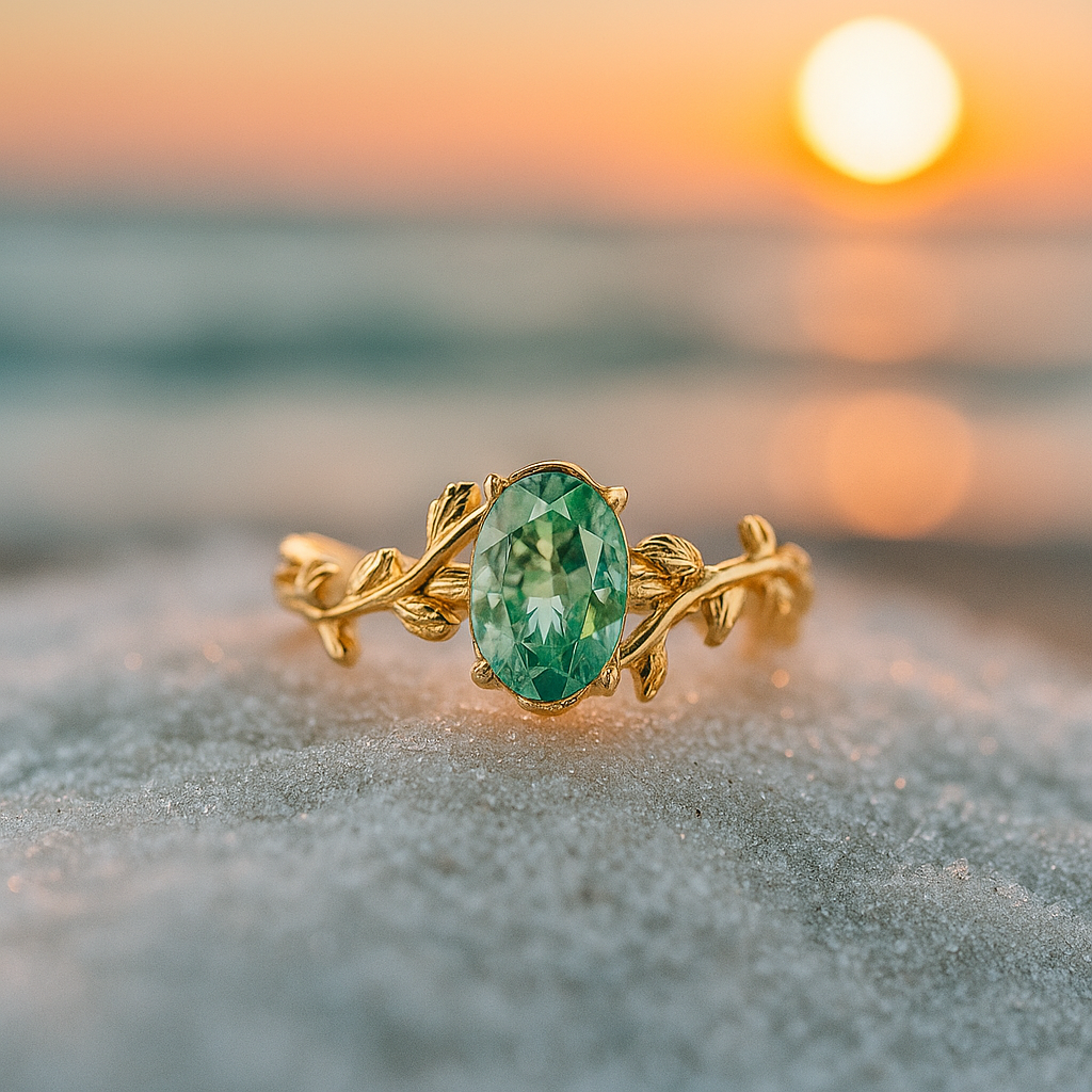 Emerald Wind – Golden ring with green agate and leaf motif-Westeryn