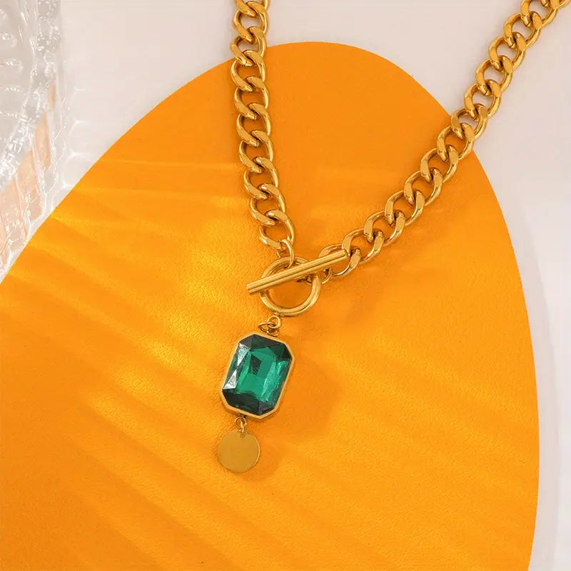 Chunky Chain Emerald Gold Pendant Necklace-Westeryn