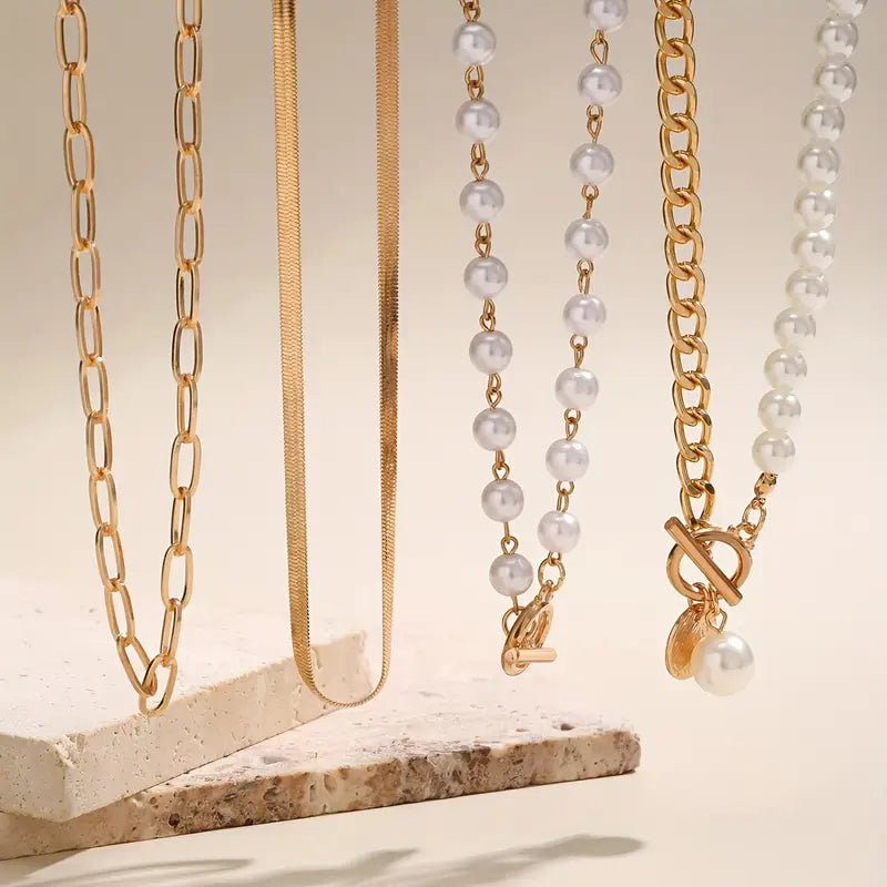 Vintage Pearl & Gold Snake Chain Necklace Set | Gold-Westeryn