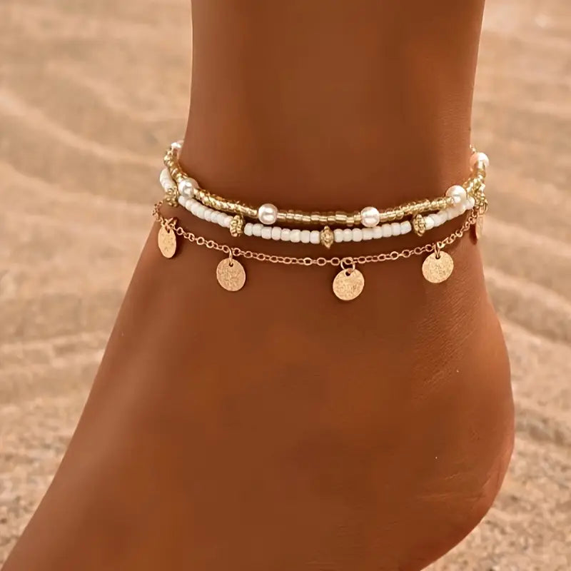 Coastal Charm 3-Piece Layered Anklet Set | Gold-Westeryn