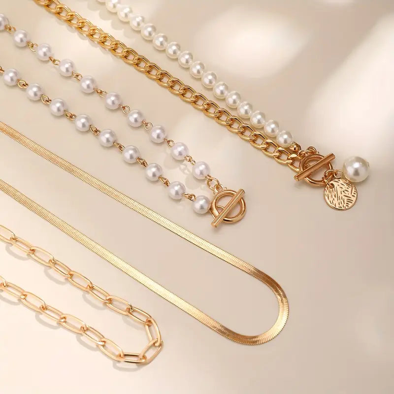 Vintage Pearl & Gold Snake Chain Necklace Set | Gold-Westeryn