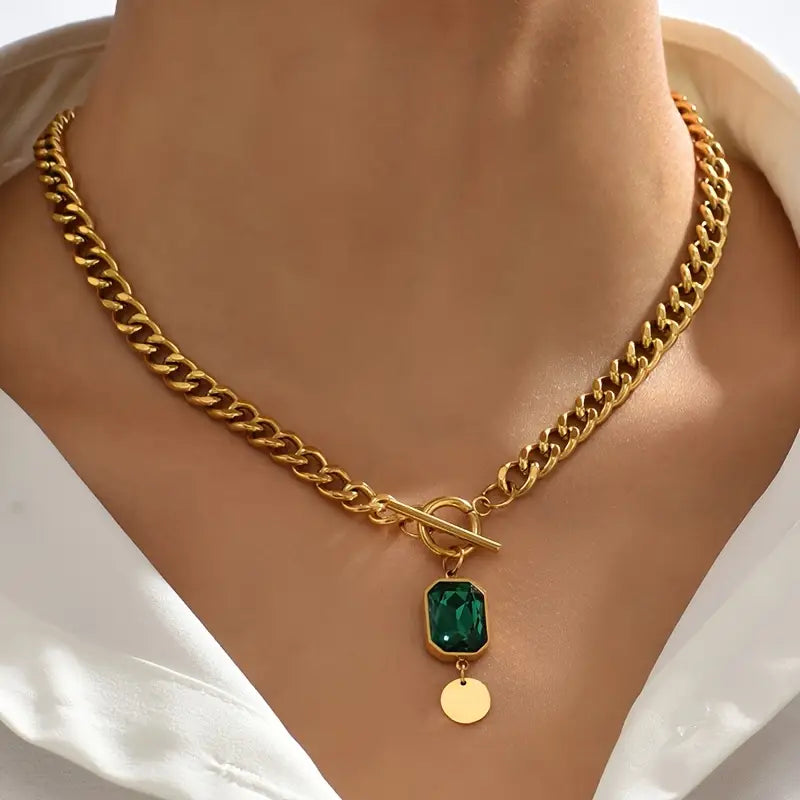 Chunky Chain Emerald Gold Pendant Necklace-Westeryn