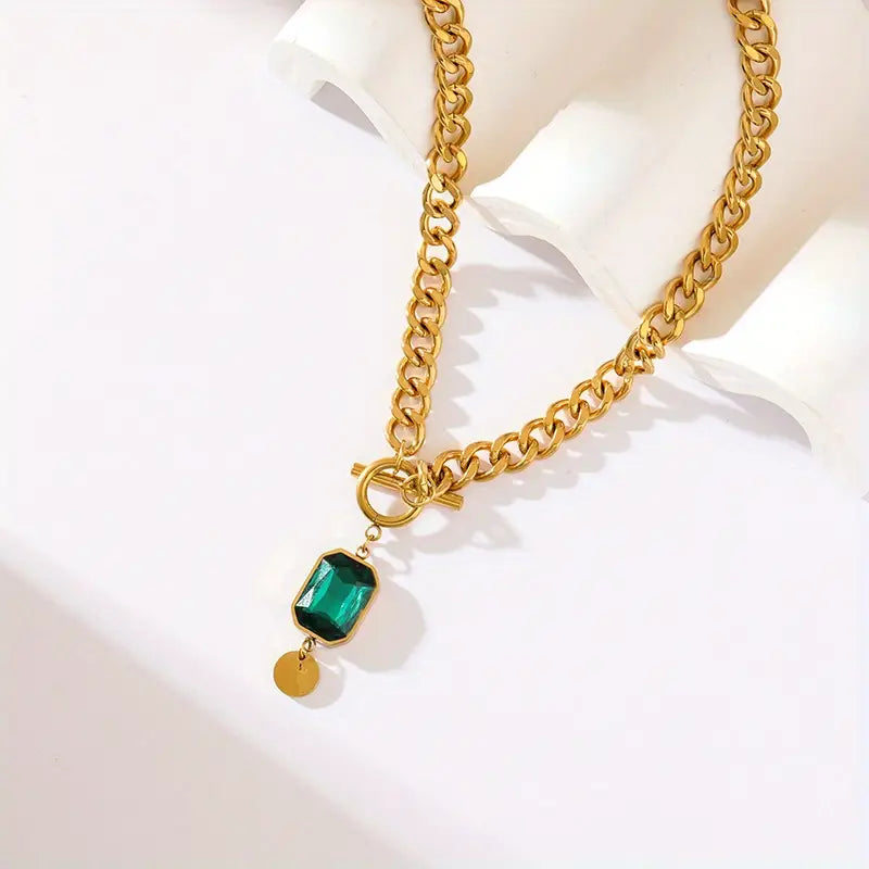 Chunky Chain Emerald Gold Pendant Necklace-Westeryn