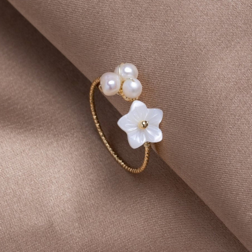 Adjustable Pearl Flower Ring in Gold-Westeryn