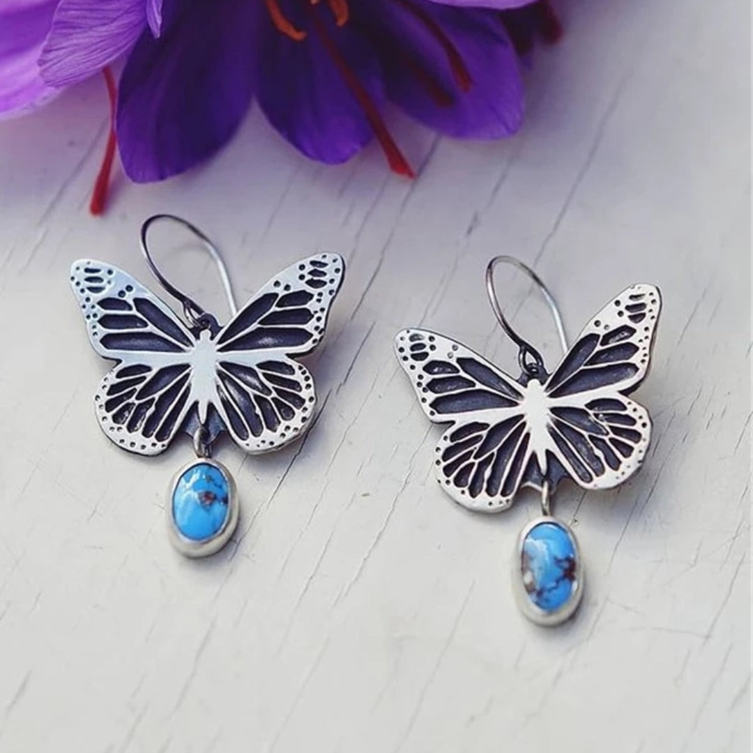 SORELLEI – Vintage Butterfly Earrings in Silver with Blue Stone-Westeryn