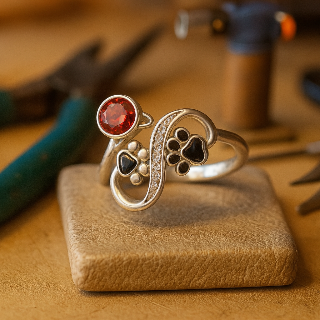 Crimson Paw Print Adjustable Ring