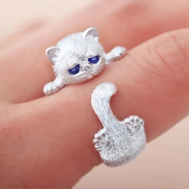 Adjustable 925 Sterling Silver Kitten Ring | White Gold-Westeryn