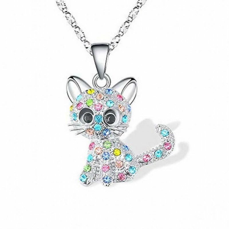 Elegant Silver Necklace with Cute Kittens and Colorful Zirconia - Feline-Westeryn