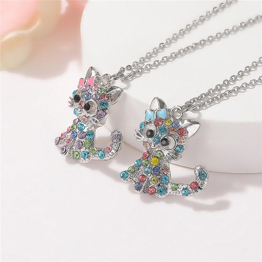 Elegant Silver Necklace with Cute Kittens and Colorful Zirconia - Feline-Westeryn