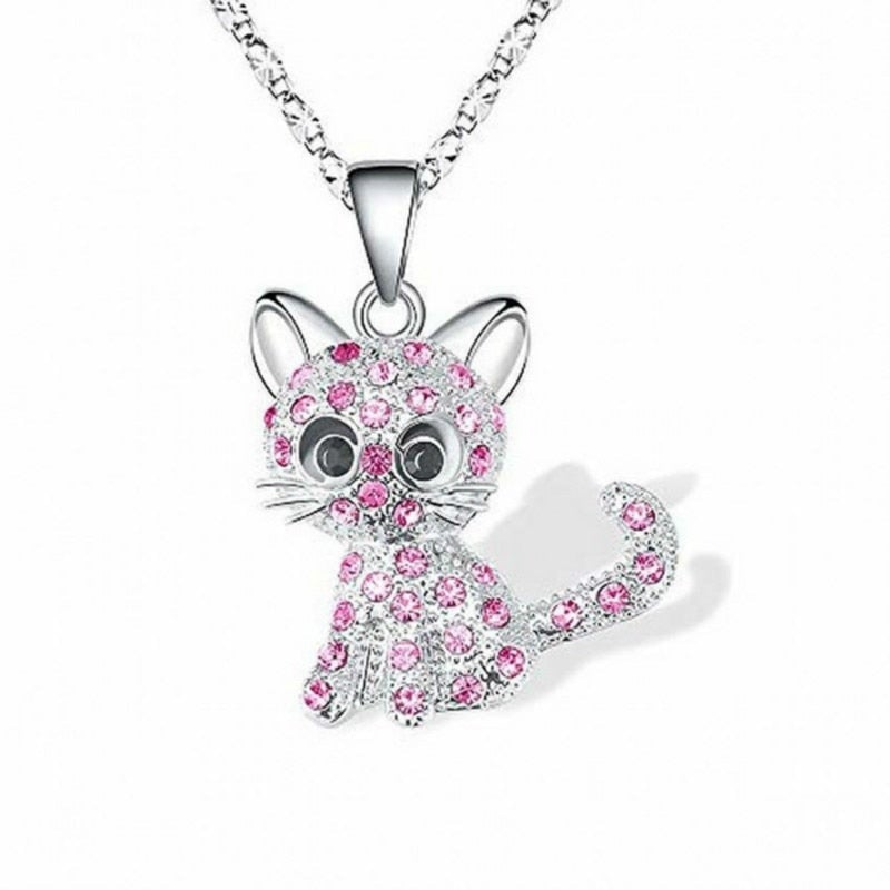 Elegant Silver Necklace with Cute Kittens and Colorful Zirconia - Feline-Westeryn