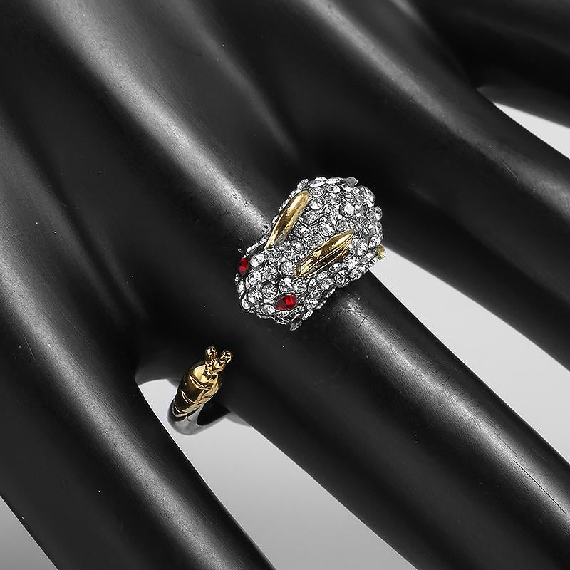 LEORA - Elegant Adjustable Silver Ring with Cute Bunny & Carrot, Adorned with Sparkling Crystals-Westeryn