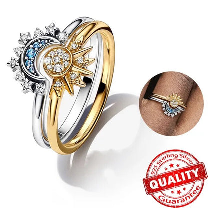 Sparkling Moon-Sun Silver Crystal Ring