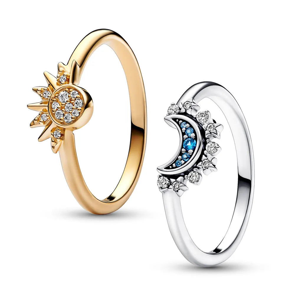 Sparkling Moon-Sun Silver Crystal Ring