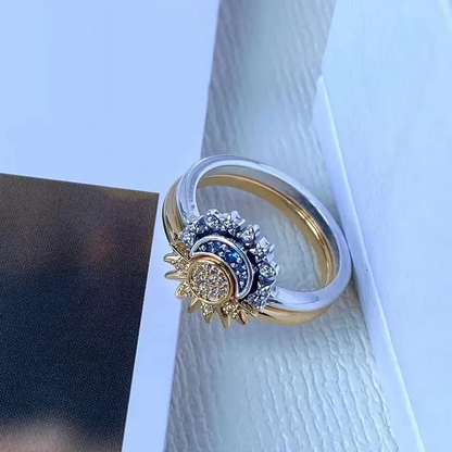 Sparkling Moon-Sun Silver Crystal Ring