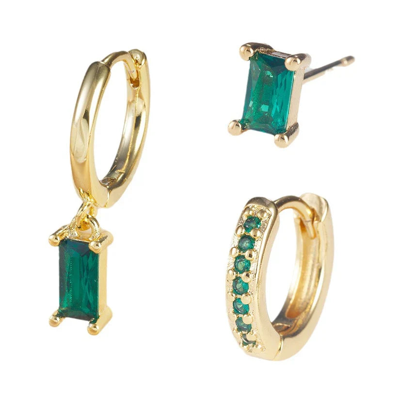 Emerald Green Geometric Zircon Gold Earrings-Westeryn