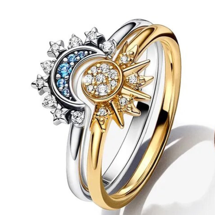 Sparkling Moon-Sun Silver Crystal Ring