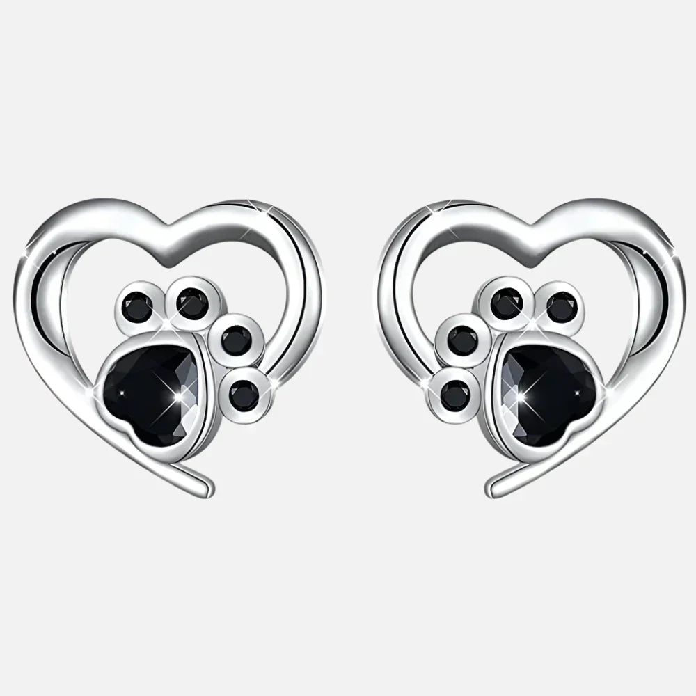 NORA – Elegant Heart-Paw Stud Earrings with Sparkling Black Crystal for Stylish Accents