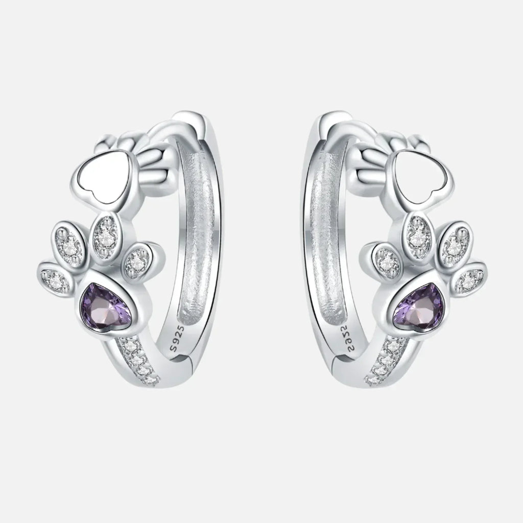 Elegant ILLA Paw Huggie Earrings made of 925 Sterling Silver with Sparkling Zirconia and Heart Stone-Westeryn