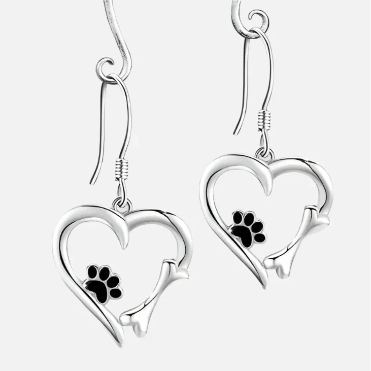 Elegant Silver Drop Earrings with Charming Heart, Sweet Paw, and Bone Design-Westeryn