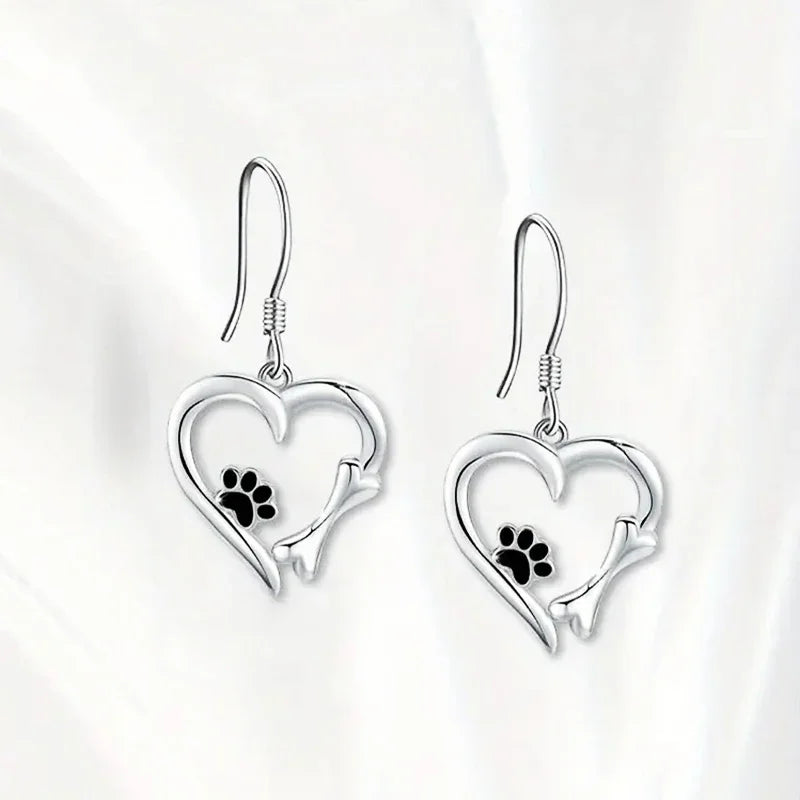 Elegant Silver Drop Earrings with Charming Heart, Sweet Paw, and Bone Design-Westeryn