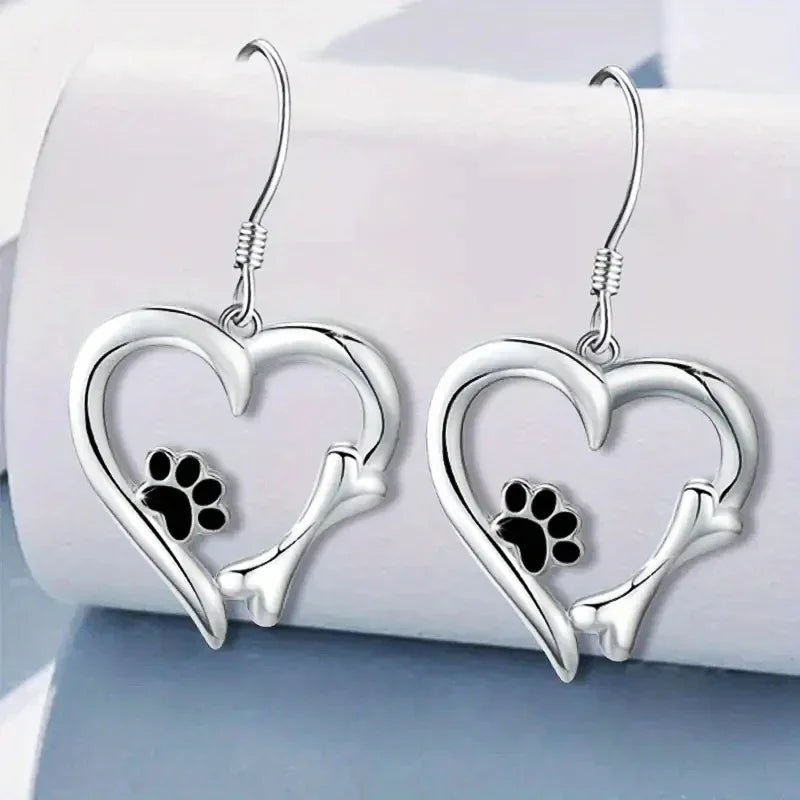 Elegant Silver Drop Earrings with Charming Heart, Sweet Paw, and Bone Design-Westeryn