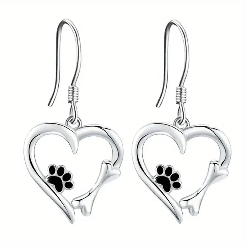 Elegant Silver Drop Earrings with Charming Heart, Sweet Paw, and Bone Design-Westeryn