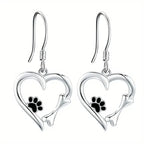 Elegant Silver Drop Earrings with Charming Heart, Sweet Paw, and Bone Design-Westeryn