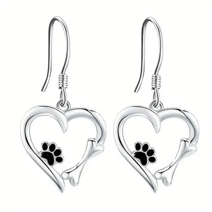 Elegant Silver Drop Earrings with Charming Heart, Sweet Paw, and Bone Design