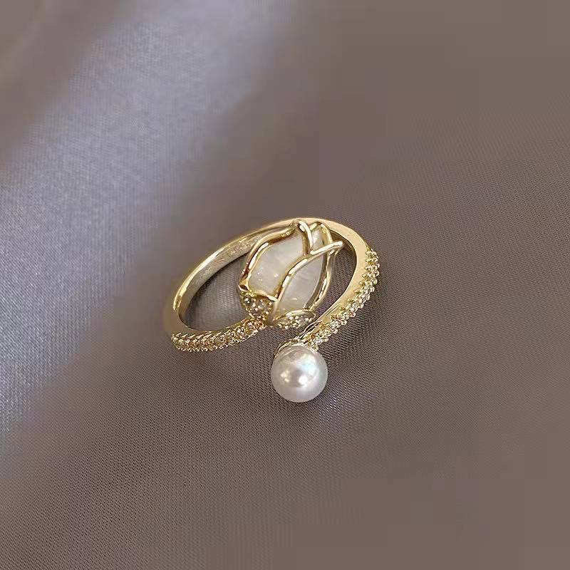 Adjustable White Tulip Ring with Pearl in Gold-Westeryn