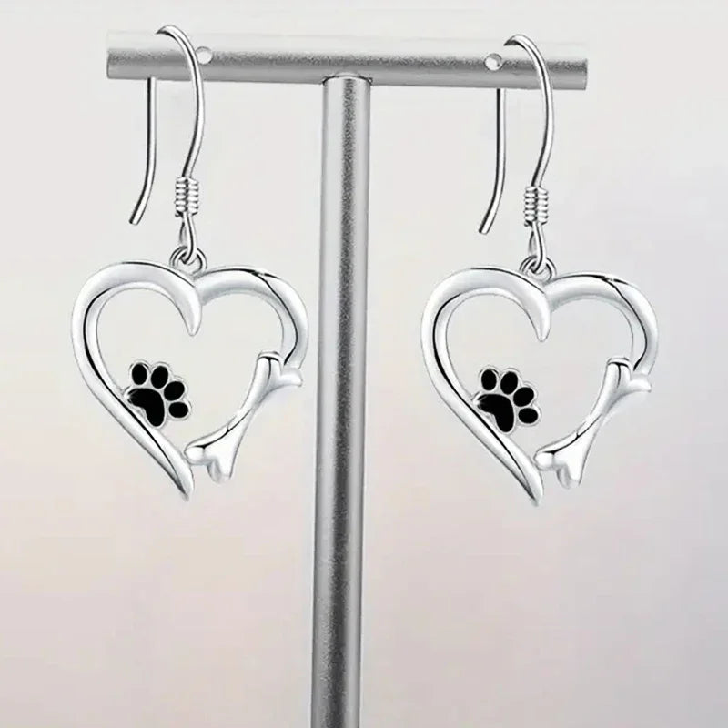 Elegant Silver Drop Earrings with Charming Heart, Sweet Paw, and Bone Design-Westeryn