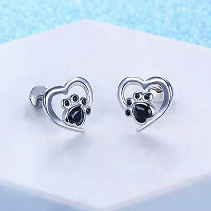 NORA – Elegant Heart-Paw Stud Earrings with Sparkling Black Crystal for Stylish Accents