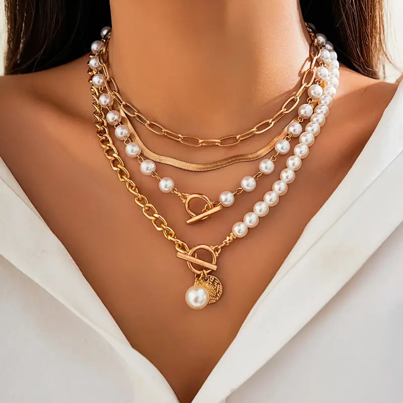 Vintage Pearl & Gold Snake Chain Necklace Set | Gold-Westeryn