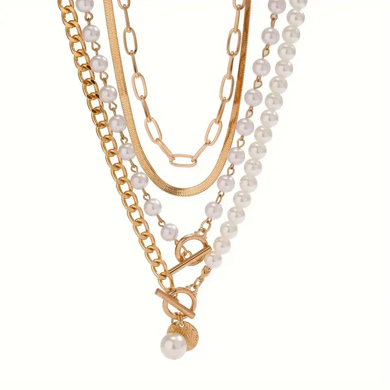Vintage Pearl & Gold Snake Chain Necklace Set | Gold-Westeryn