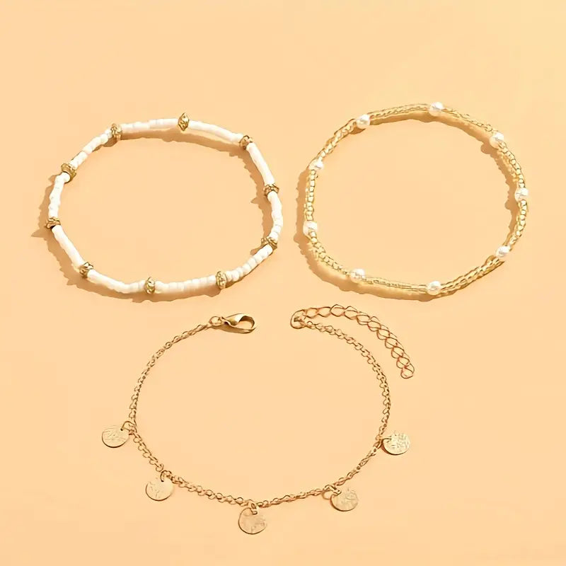 Coastal Charm 3-Piece Layered Anklet Set | Gold-Westeryn