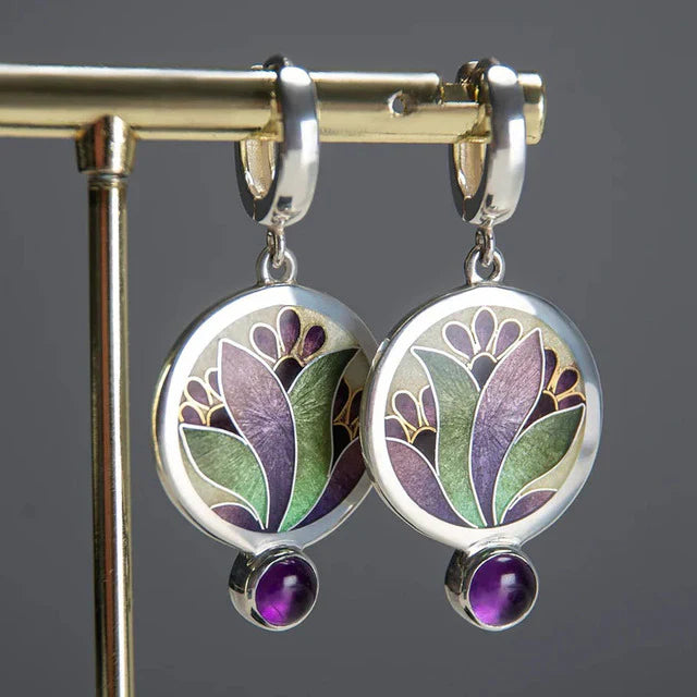 Vintage Boho Earrings with Purple Crystals | White Gold-Westeryn