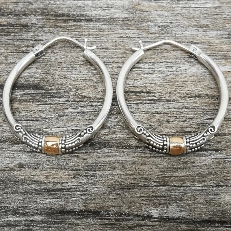 Vintage Silver Carved Pattern Hoop Earrings-Westeryn