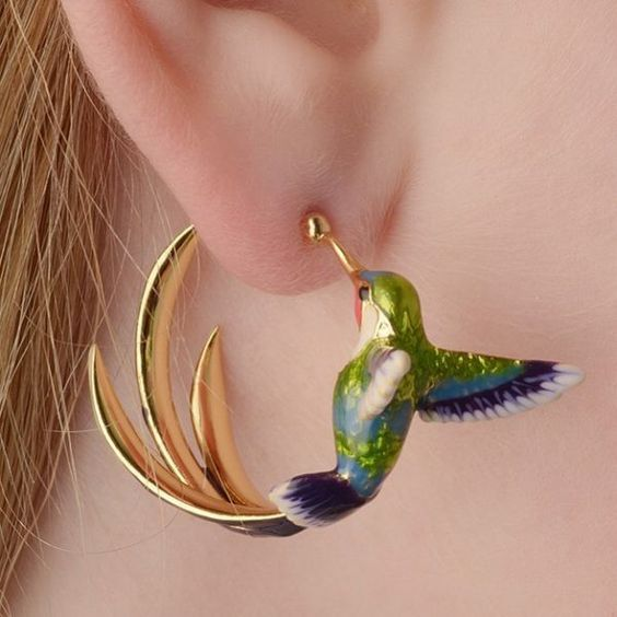 Vintage Enamel Hummingbird Hoop Earrings-Westeryn