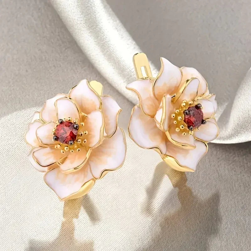 White Flower Red Zirconia Earrings | Gold-Westeryn