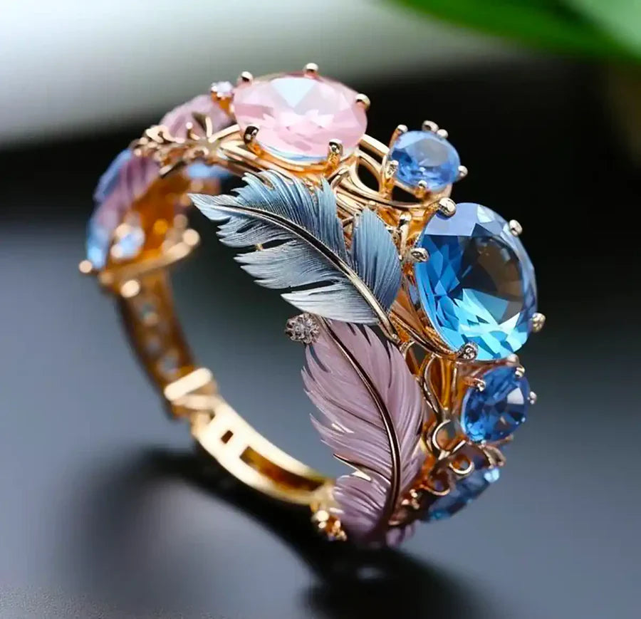 Antique Exotic Feather Crystal Ring | Gold-Westeryn