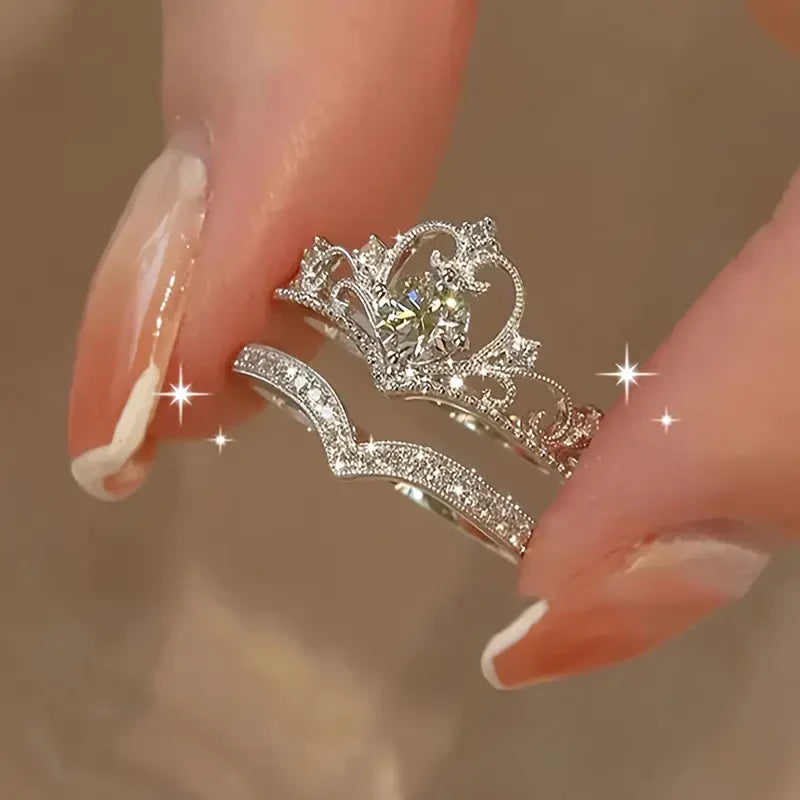 Shiny Crown Silver Ring Set | White Gold-Westeryn