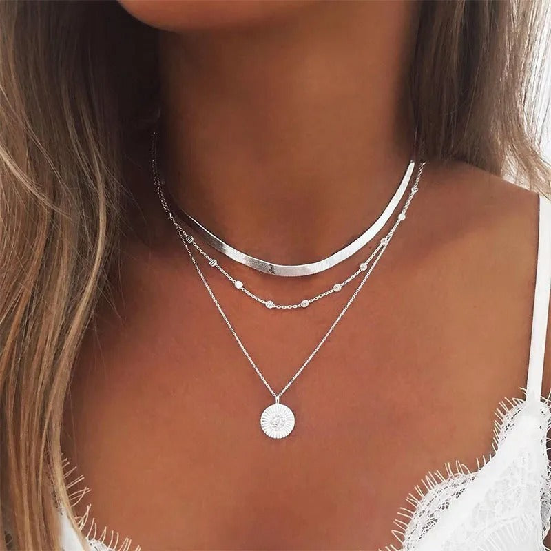 Three-Layered Round Silver Necklace-Westeryn