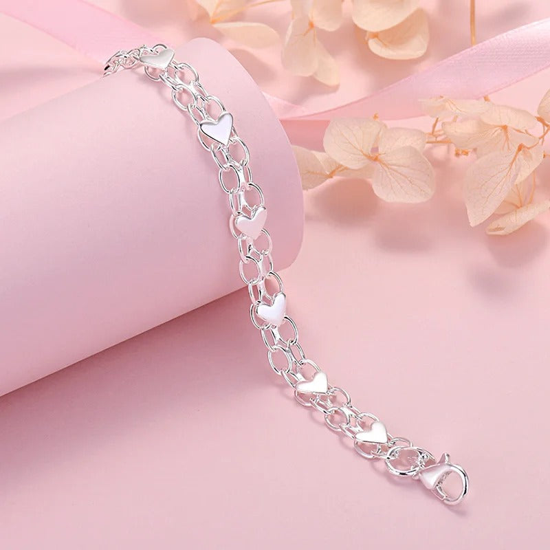 Silver Chain Bracelet with Hearts