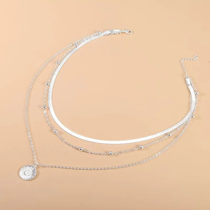 Three-Layered Round Silver Necklace-Westeryn