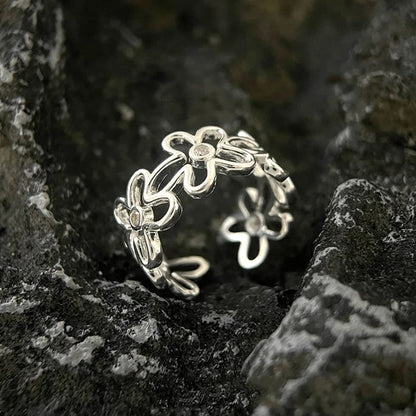 Adjustable Vintage Silver Ring with Flower
